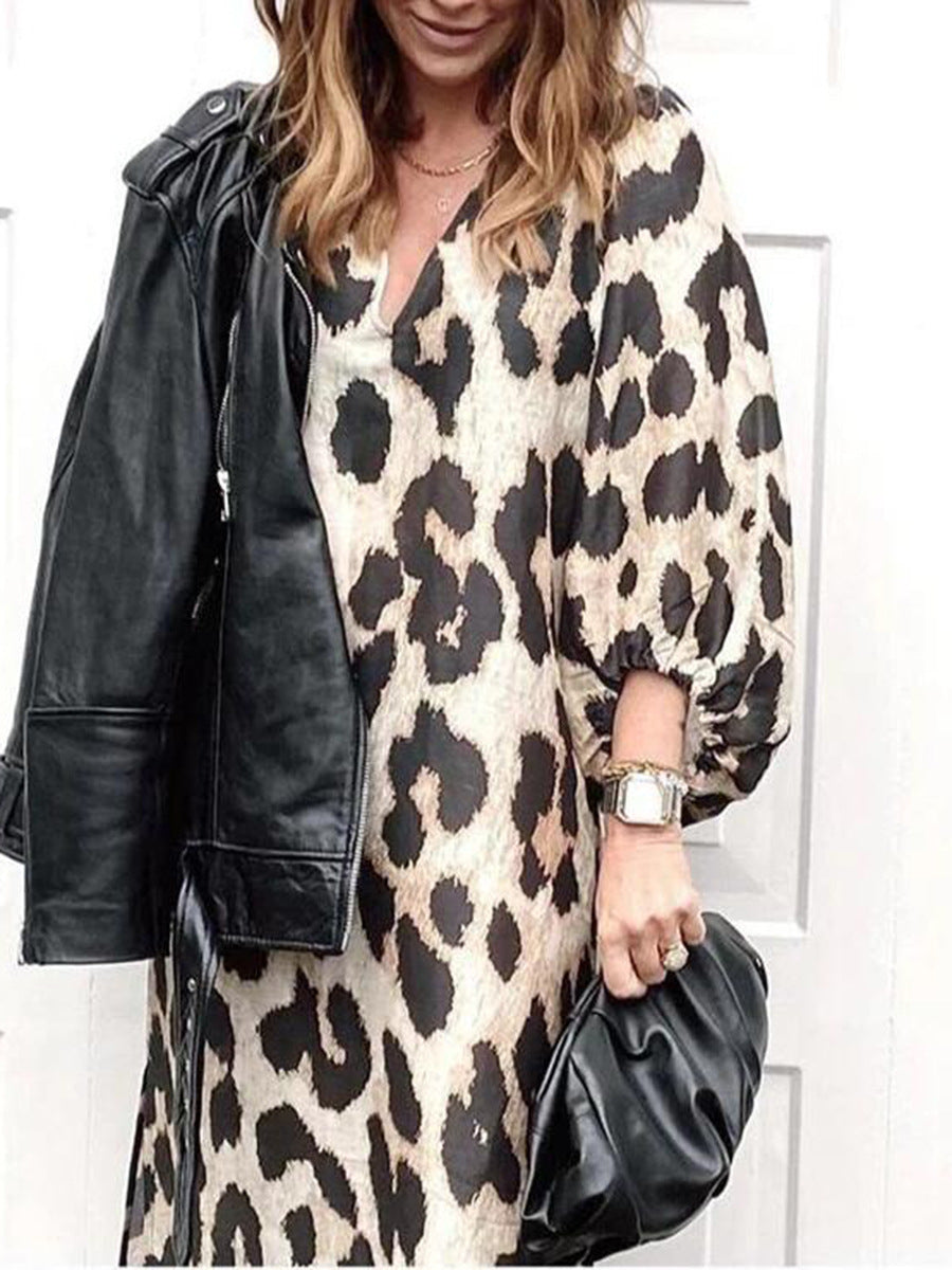 Autumn And Winter New Fashion Leopard Pattern Loose Lantern Sleeve Dress Long Dress