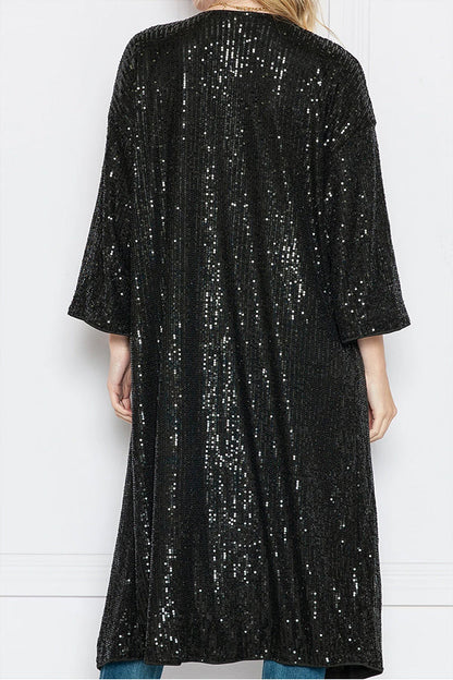 Apricot Sequin 3\/4 Sleeve Open Front Duster Cardigan