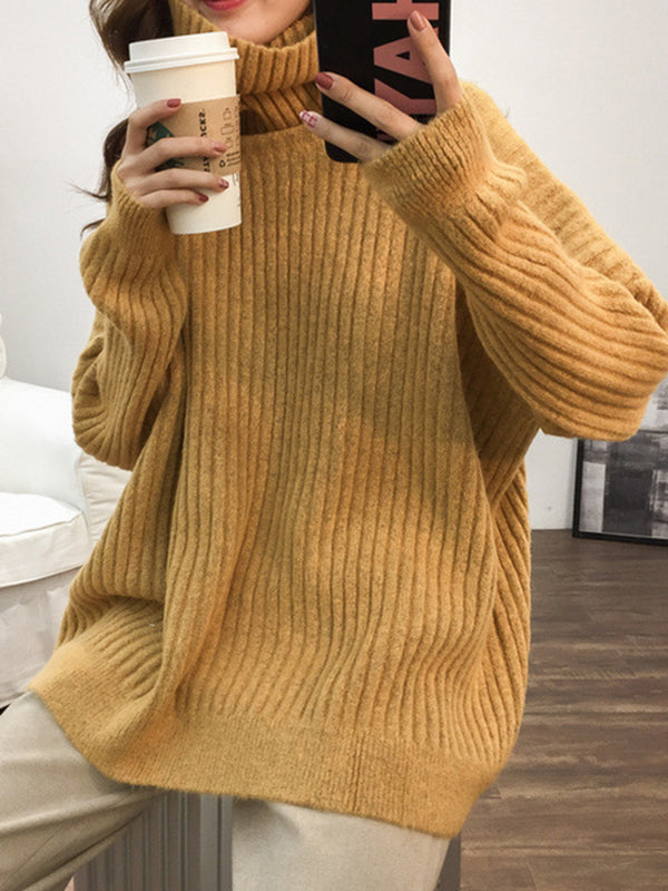 Casual Long Sleeves Loose Solid Color High-Neck Sweater Tops