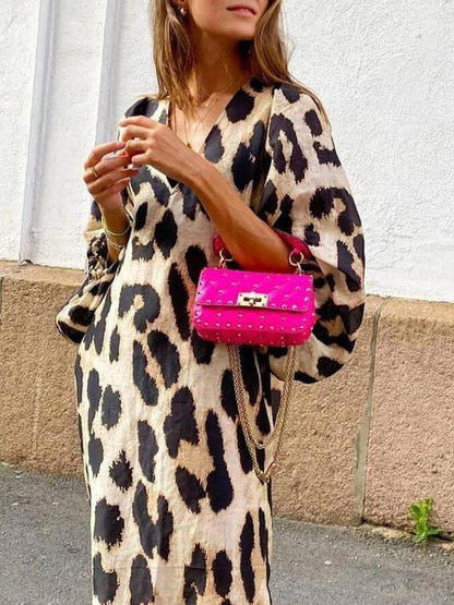 Autumn And Winter New Fashion Leopard Pattern Loose Lantern Sleeve Dress Long Dress