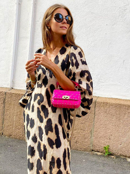 Autumn And Winter New Fashion Leopard Pattern Loose Lantern Sleeve Dress Long Dress