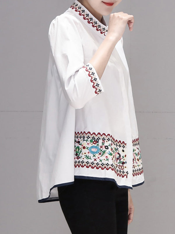 High-Low Loose Embroidered Multi-Colored Blouses&Shirts Tops