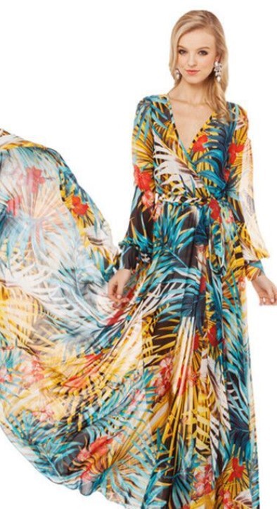 Spring And Summer New Print Dress V-Neck Balloon Sleeve 3-Color Dress