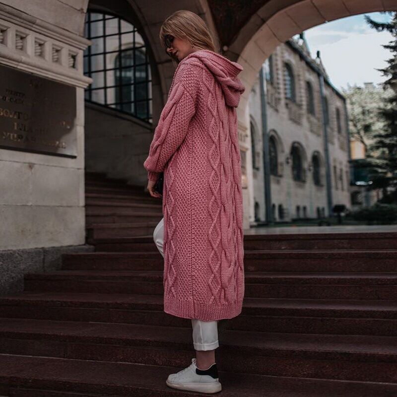 Autumn/Winter Solid-Colored Hooded Long Cardigan Sweater Hemp Sweater