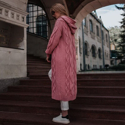 Autumn/Winter Solid-Colored Hooded Long Cardigan Sweater Hemp Sweater