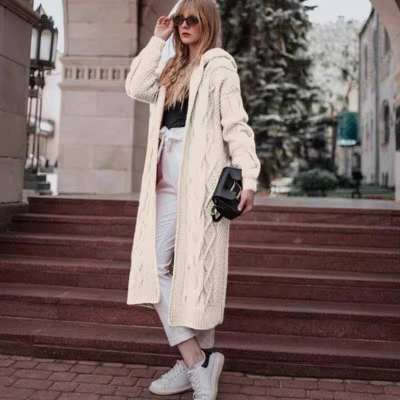 Autumn/Winter Solid-Colored Hooded Long Cardigan Sweater Hemp Sweater