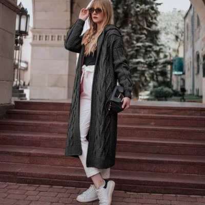 Autumn/Winter Solid-Colored Hooded Long Cardigan Sweater Hemp Sweater