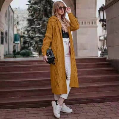 Autumn/Winter Solid-Colored Hooded Long Cardigan Sweater Hemp Sweater