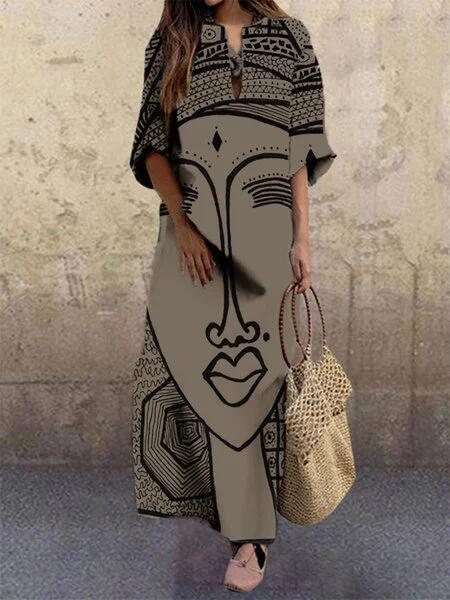 Art Black And White Print Spring And Summer New Women'S Fashion Face Print Loose Large Size Dress