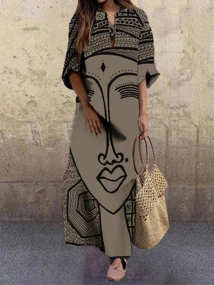 Art Black And White Print Spring And Summer New Women'S Fashion Face Print Loose Large Size Dress