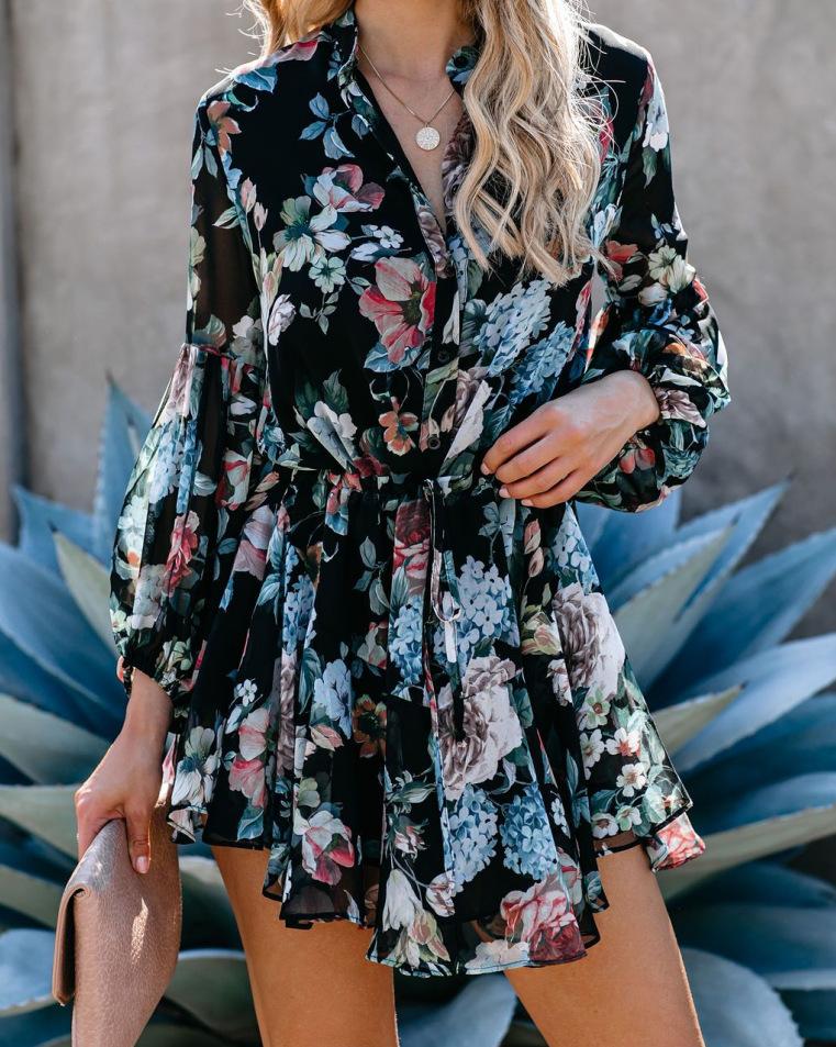 Sexy Printed Suit Neck Lace Button Female Dress