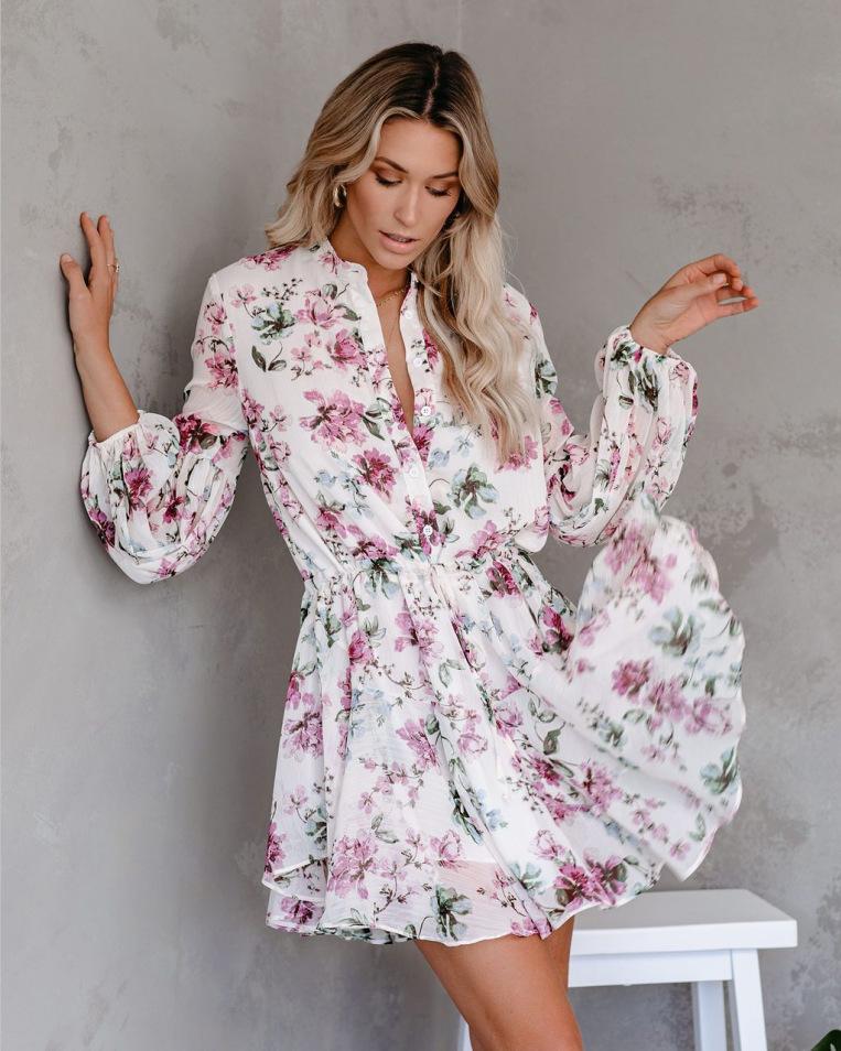 Sexy Printed Suit Neck Lace Button Female Dress