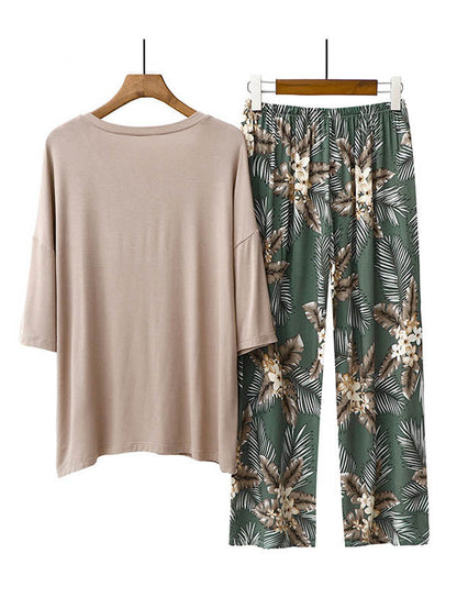 Casual Loose Seven-Quarter Sleeves V-Neck Shirts& Printed Pants Pajama Sets