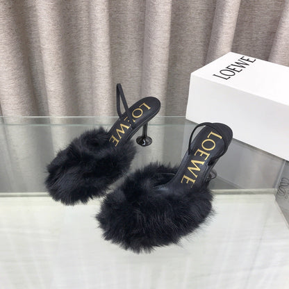 Loewe 25SS Fur-lined Mule 100 Black in Fox Fur 597440