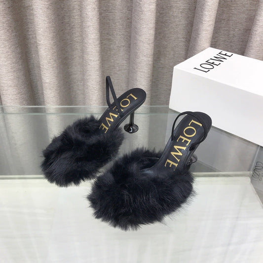 Loewe 25SS Fur-lined Mule 100 Black in Fox Fur 597440