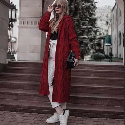 Autumn/Winter Solid-Colored Hooded Long Cardigan Sweater Hemp Sweater