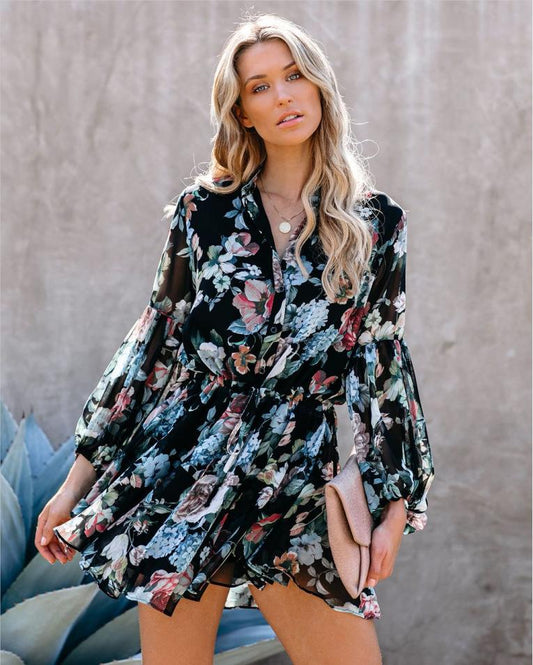 Sexy Printed Suit Neck Lace Button Female Dress
