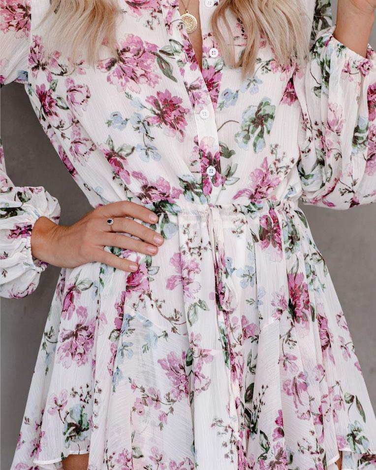 Sexy Printed Suit Neck Lace Button Female Dress
