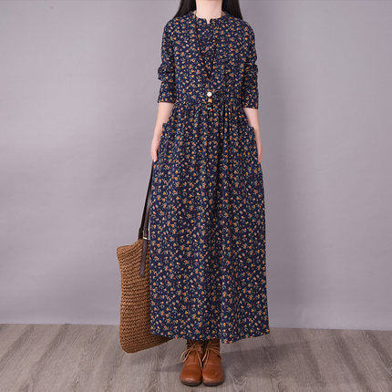 Retro Disc Button Small Broken Flower Casual Lace Up Thin Medium And Long Sleeve Big Swing Dress For Women