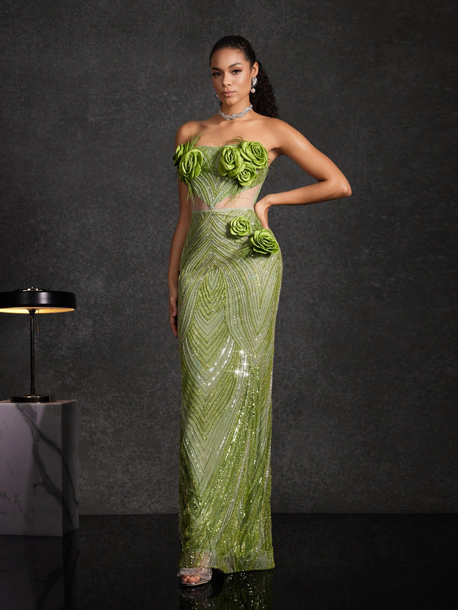 Amabel Strapless Flower Sequin Maxi Dress