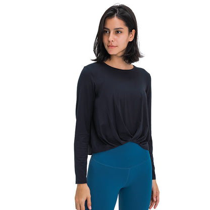 Sanding Nude Yoga Long Sleeve Fashion Versatile Front Hem Pleated Loose Yoga Suit