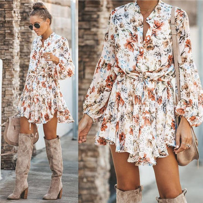 Sexy Printed Suit Neck Lace Button Female Dress