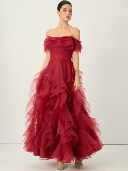 Penelope Off Shoulder Tiered Ruffle Organza Maxi Dress
