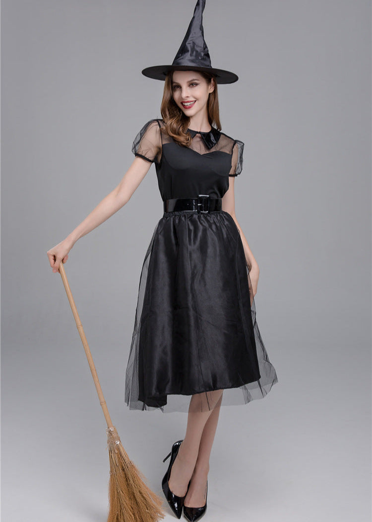 Women Black Polyester Witch Costume Dress Set