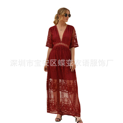 Lace Dress Sexy V-Neck Embroidered Solid Color Maxi Dress