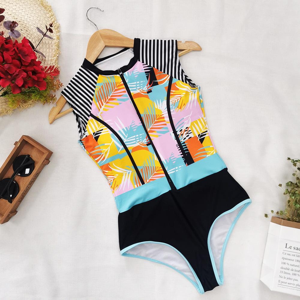 New Sleeve Zipper Swimsuit Women'S New Stitching Integrated Surfing Dress