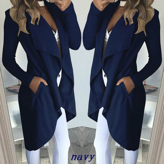 Fashion Solid Color Lapel Slim Long Windbreaker Jacket