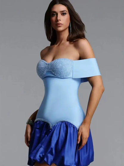 Anais Rhinestone-Embellished Patchwork Waist-Cinching Mini Dress