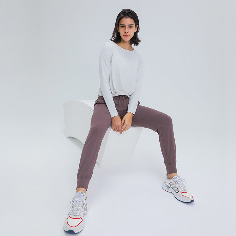 Sanding Nude Yoga Long Sleeve Fashion Versatile Front Hem Pleated Loose Yoga Suit
