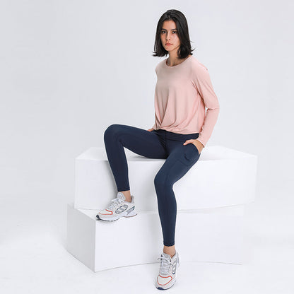 Sanding Nude Yoga Long Sleeve Fashion Versatile Front Hem Pleated Loose Yoga Suit