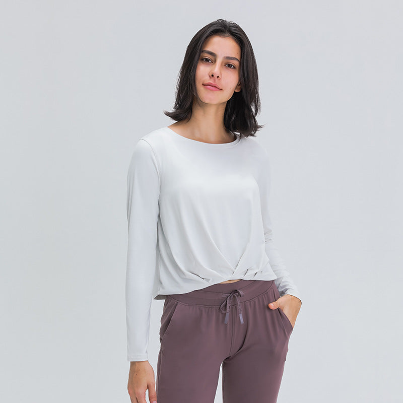 Sanding Nude Yoga Long Sleeve Fashion Versatile Front Hem Pleated Loose Yoga Suit