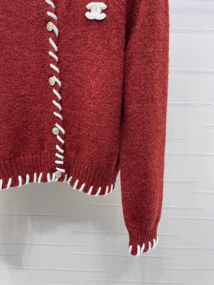 CC 26s Crochet-Trimmed Crew Neck Cardigan Red Knit 343631