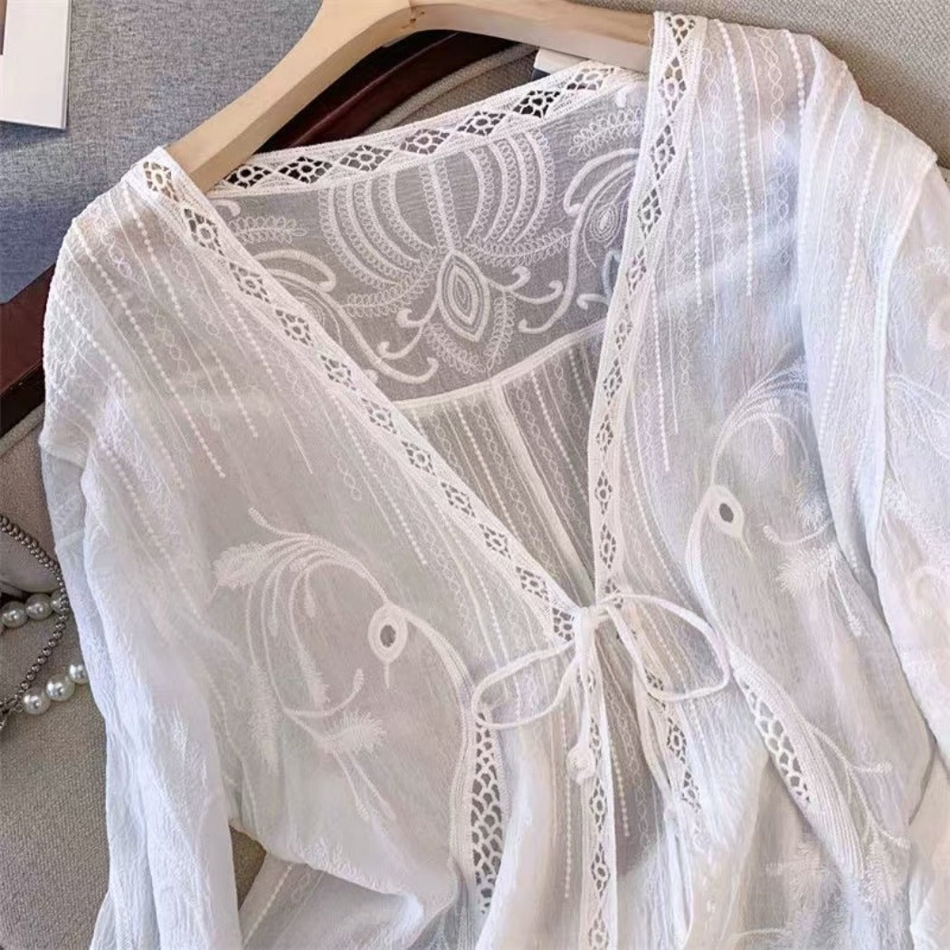 Crosa - Embroidered Lace Knit Cardigan Cover-Up
