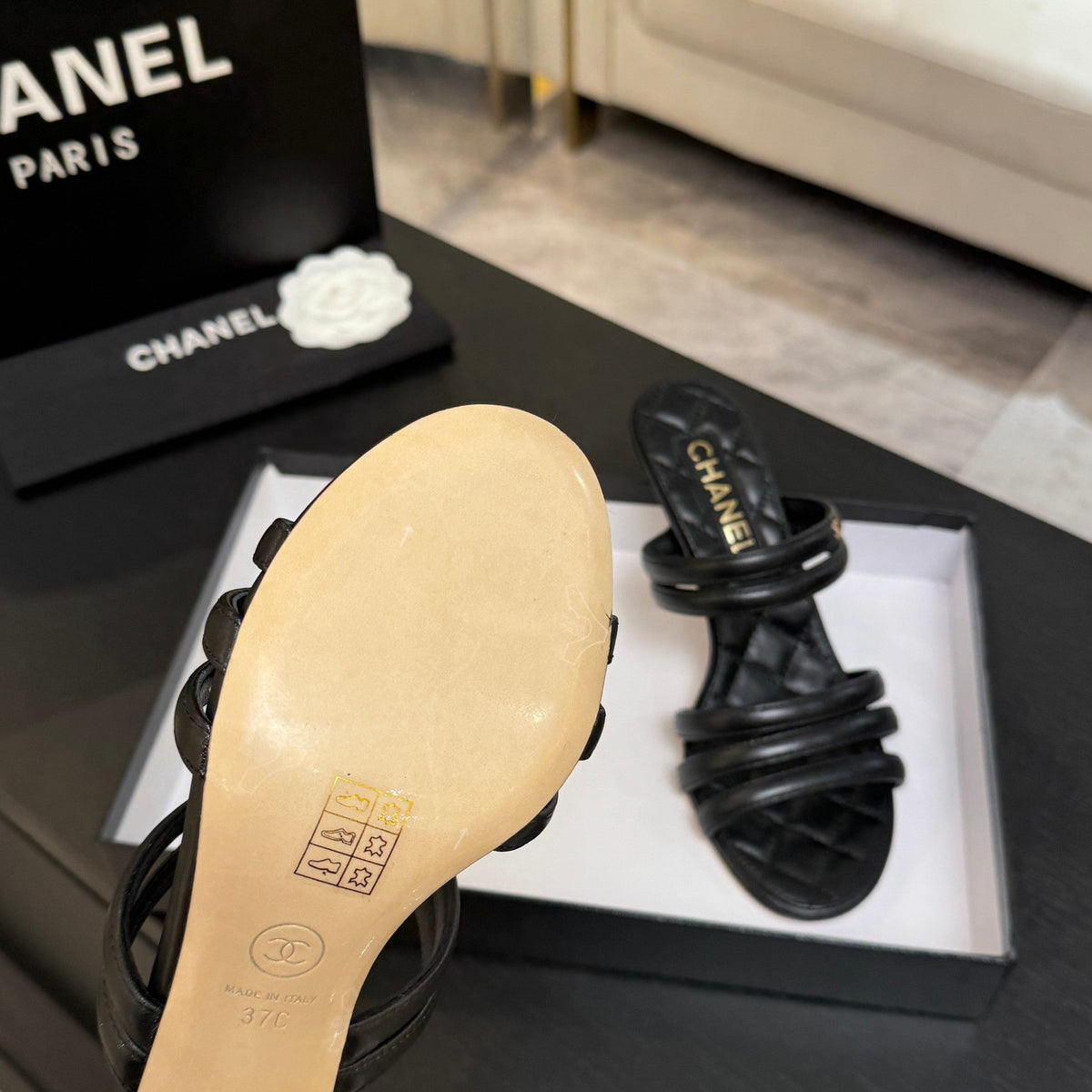 CC 26C Double C Strap Sandals Black Sheepskin
