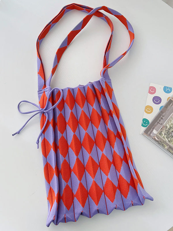 Contrast Color Drawstring Pleated Rhombus Woven Handbags