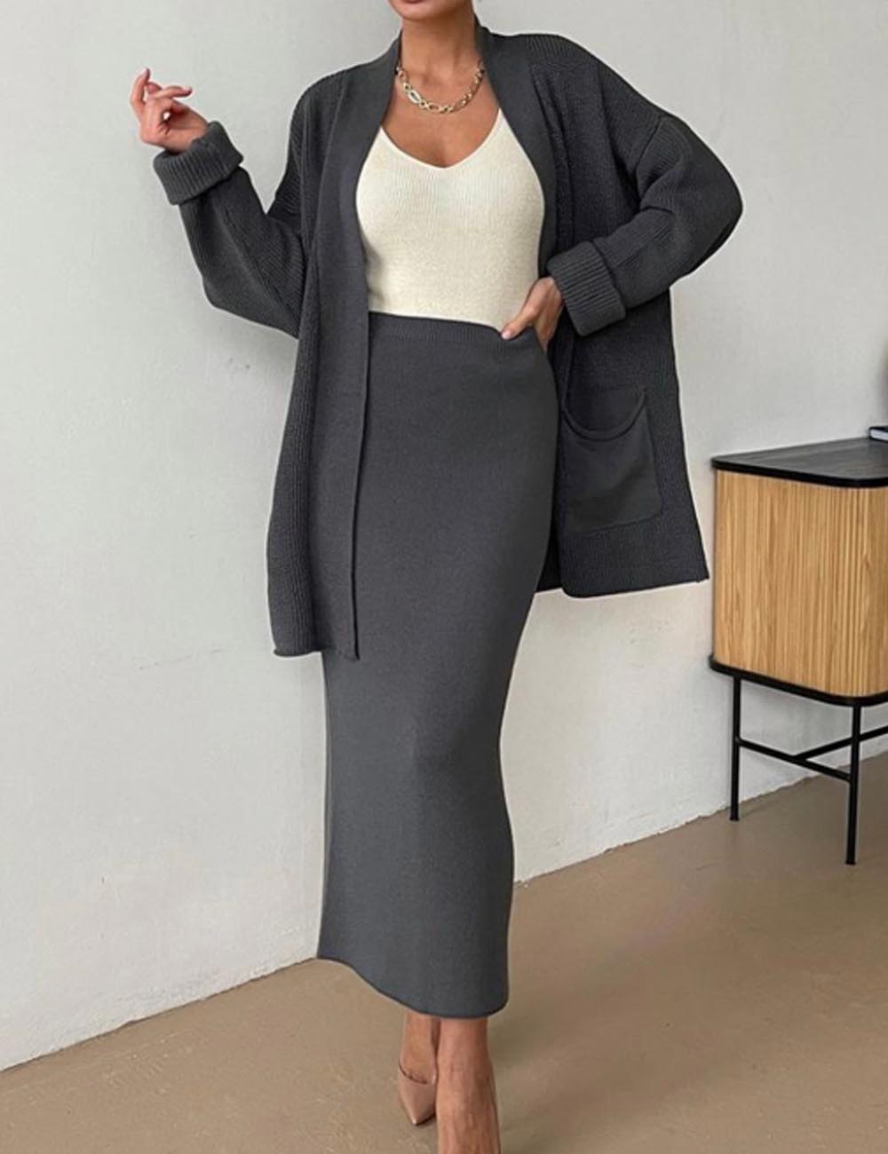 2 Pcs Solid Color Cardigan Sweater Skirt Set