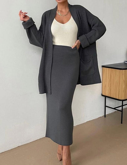 2 Pcs Solid Color Cardigan Sweater Skirt Set