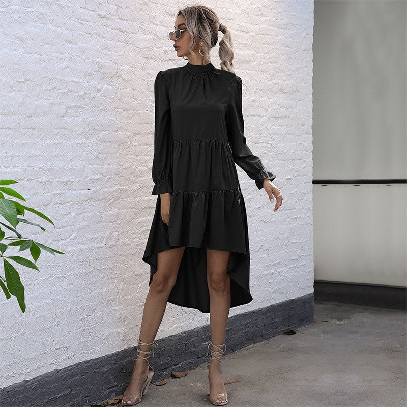 Solid Color Long Sleeve Irregular Half Turtleneck Dress
