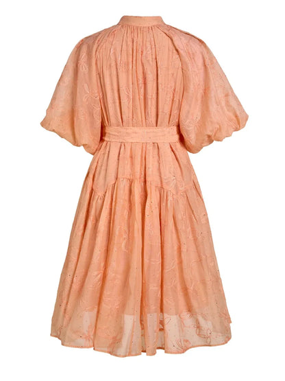 Hailey Floral-Embroidered Puff-Sleeve Midi Dress
