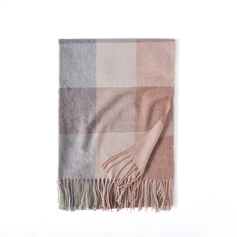 Color Block Plaid Fringe Scarf