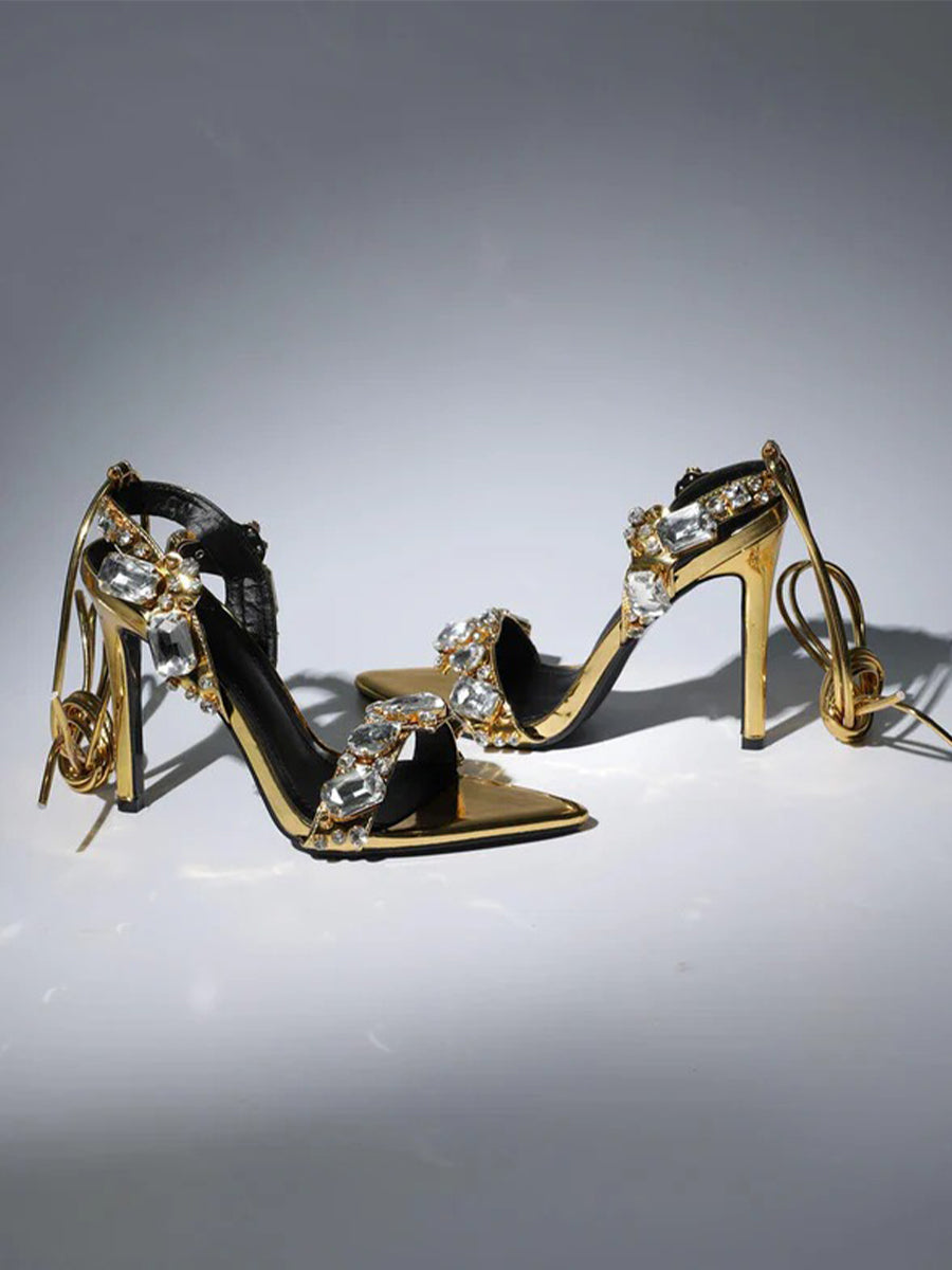 Tempest Crystal Lace Up Heels In Gold