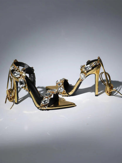 Tempest Crystal Lace Up Heels In Gold
