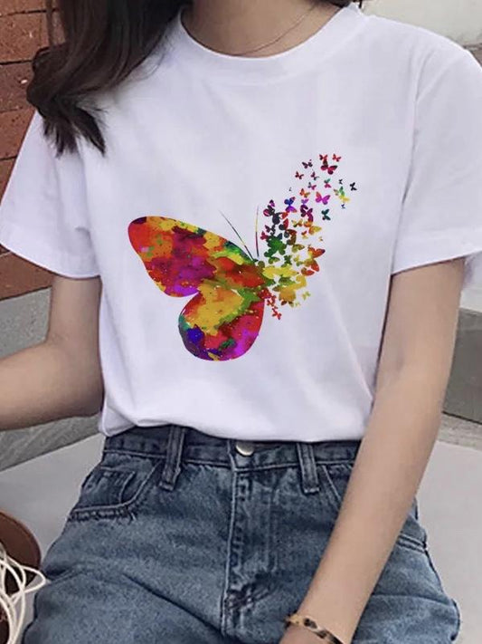 Women'S Colorful Butterfly Print Short Sleeve T-Shirt
