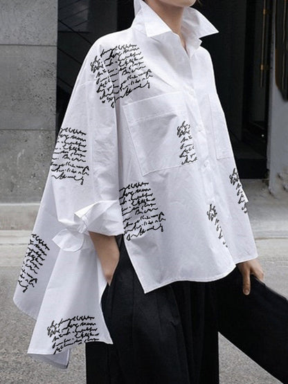 Casual Letter Print High-Low Lapel Blouse