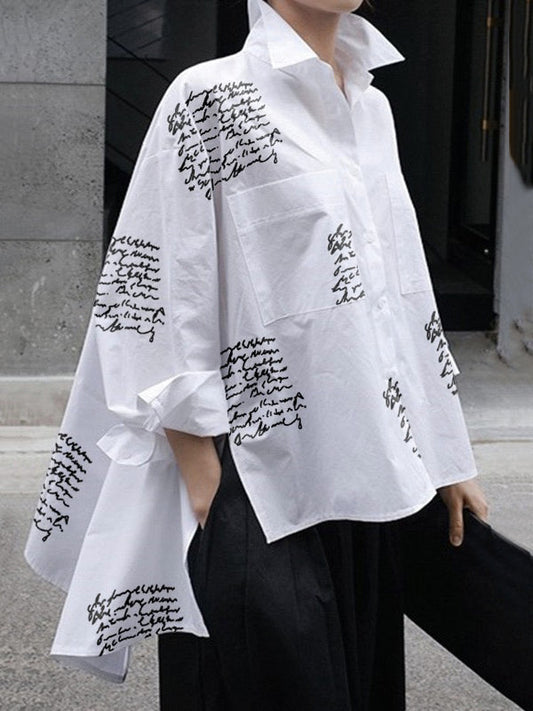 Casual Letter Print High-Low Lapel Blouse