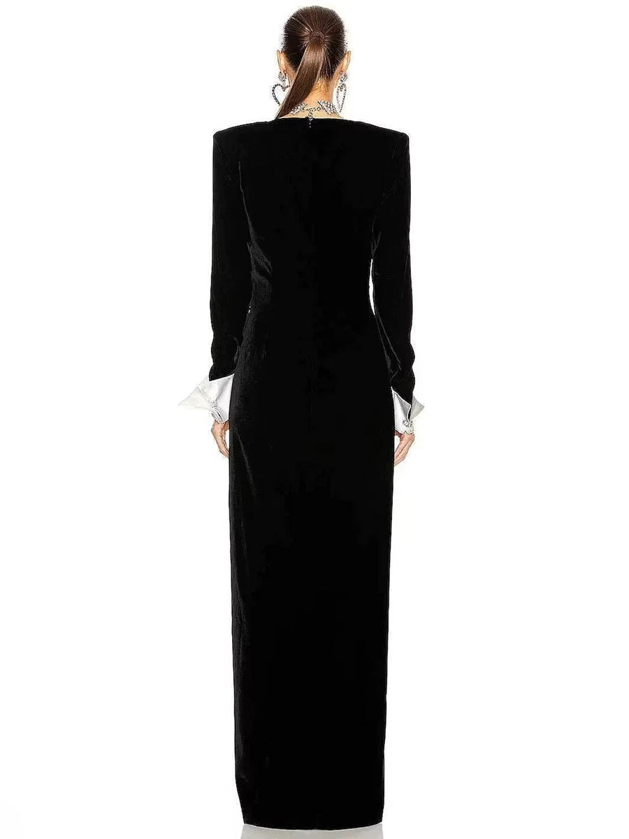 Natasha Deep V Long Sleeve Maxi Dress In Black